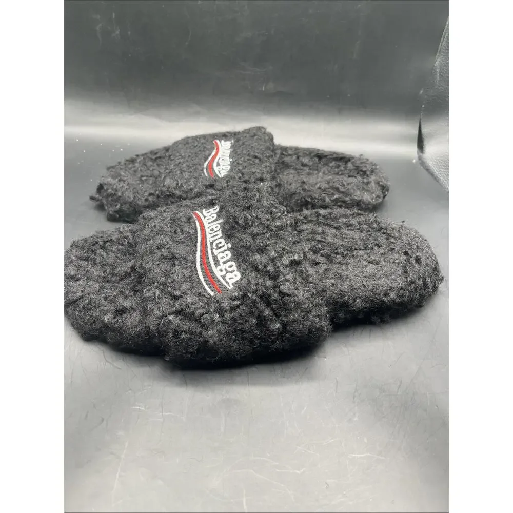 Balenciaga Men’s Black Fur Slide Sandals Logo Embroidered Slip-On US SZ 11